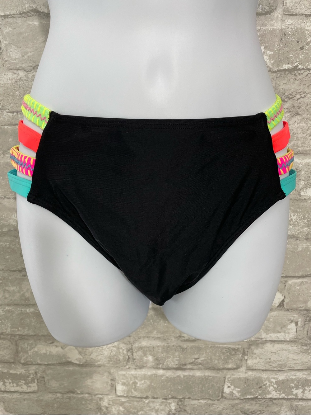 Popvil High-Waist Black Bikini Bottom with Neon Accent Straps